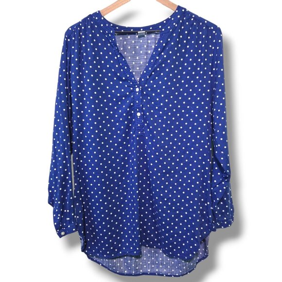Old Navy blouse womens Large Blue polka-dot henley pullover lightweight - Picture 1 of 8